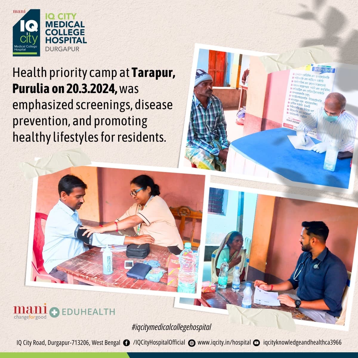 Health priority camp at Tarapur, Purulia on 20.3.2024, was emphasized screenings, disease prevention, and promoting healthy lifestyles for residents.